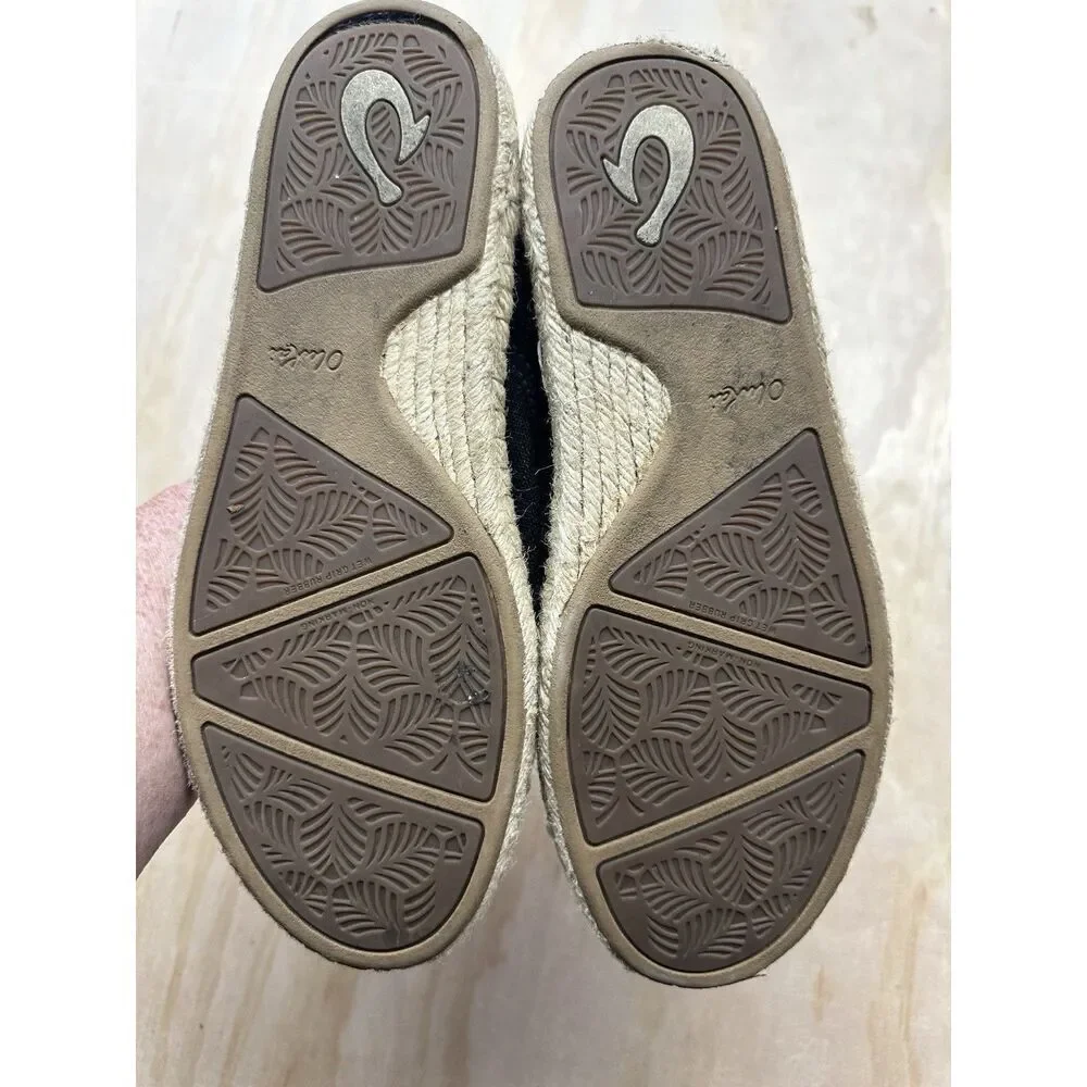 OluKai Kaula Pa'a Kapa Shoes Womens Size 8 Black Espadrille Slip On Canvas Flats